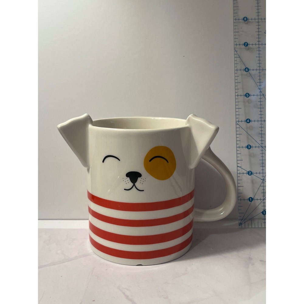 Parker Lane Dog Face Stoneware Mug 3D Ears Red White Striped Coffee Cup‎ 16oz